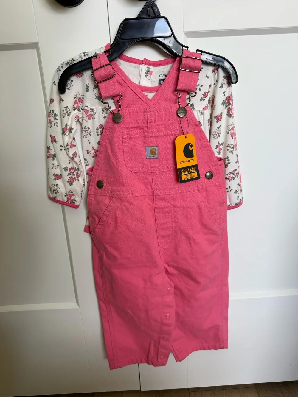 Carhartt Hot Pink Toddler Overalls Dress with Floral Tee